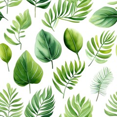 Fototapeta na wymiar Seamless pattern of watercolor tropical leaves on white background