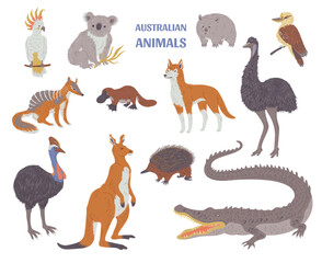 Set of various Australian animals flat style, vector illustration - obrazy, fototapety, plakaty