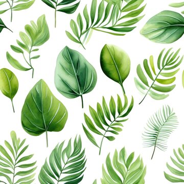 Seamless pattern of watercolor tropical leaves on white background