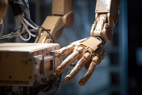 close-up of robotic hand gripping package