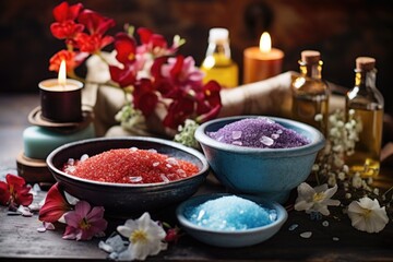 Obraz na płótnie Canvas spa setting with essential oil bottles, bath salts, and flowers