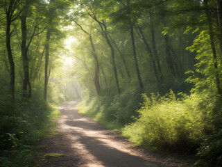 Obraz premium Morning Glory Explorations: Sunlit Forest Trails Unveiling Long Roads through Serene Natural Beauty Generative AI