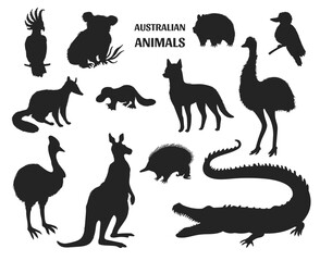 Set of black silhouettes of Australian animals - vector illustration isolated on white background.