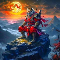 Cercles muraux Montagnes Noble tiger samurai in armor, tiger samurai on the mountain in the full moon