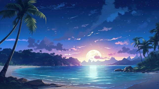 Moonlit Beach, serene beach scene bathed in moonlight, with gentle waves and a starry sky game art