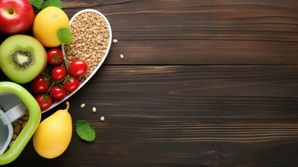  healthy products in the Plate with heart, Wooden Bacground,