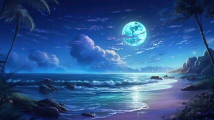 Obraz na płótnie Canvas Moonlit Beach, serene beach scene bathed in moonlight, with gentle waves and a starry sky game art