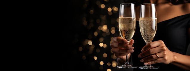 banner of festive hand of woman with flutes of champagne on bokeh background
