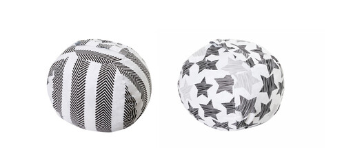 Set of grey soft ball pillow for kids in the kindergarten preschool classroom. Big soccer sofa ball toy for decorated in children's bedroom. Floor cushions. Background isolated. Mock up, template