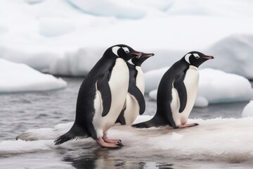 A chinstrap penguin family adventure, a playful trio of gentoo penguins on the glaciers.