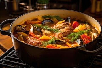 close-up of simmering bouillabaisse in cast iron pot - obrazy, fototapety, plakaty
