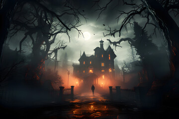 Fototapeta na wymiar Halloween House and Moonlit Backdrop AI generated art