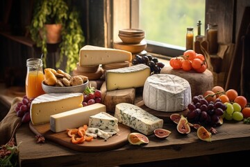 variety of artisan cheeses on rustic wooden table
