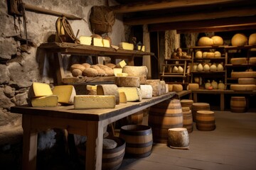 Obraz na płótnie Canvas cheese aging on wooden shelves in a cellar