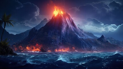 Underwater scene with a majestic volcano erupting beneath the ocean's surface game art