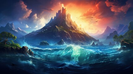Underwater scene with a majestic volcano erupting beneath the ocean's surface game art