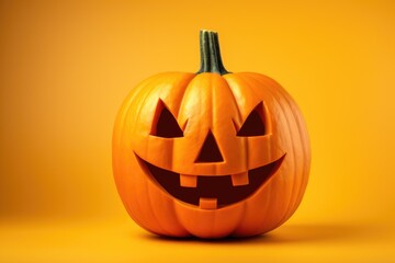 halloween carved pumpkin on yellow background, generative ai