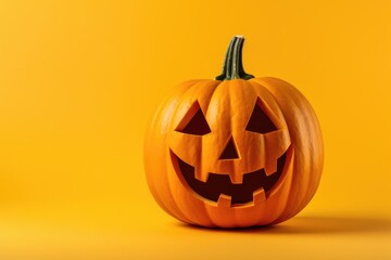 halloween carved pumpkin on yellow background, generative ai