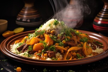moroccan tagine dish with steaming couscous