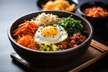 Fotobehang korean bibimbap in a hot stone bowl with kimchi © altitudevisual