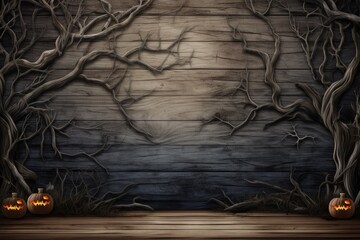 old tree branches and halloween decorations on wooden surface background, scary atmosphere, generative ai