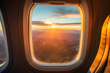 Fototapeta premium sunrise view from airplane window AI Generated art