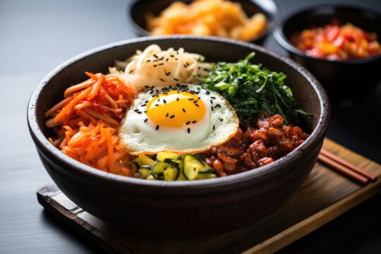 korean bibimbap in a hot stone bowl with kimchi