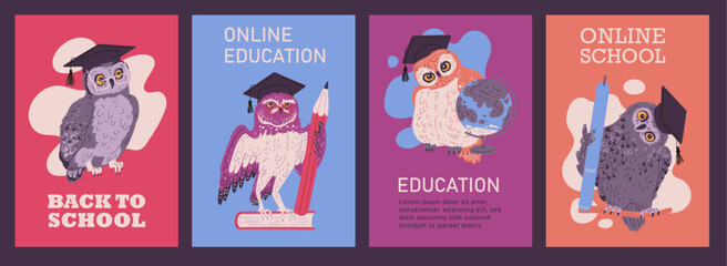 Set of posters or vertical banners with owls about education flat style