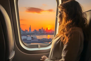 Foto op Plexiglas girl looking through airplane window over the city AI generated art © Gabriela
