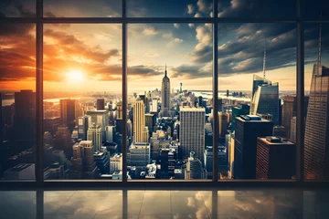 Ingelijste posters sunrise over the window at new york city AI generated art © Gabriela