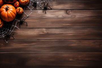 top view blank frame with halloween pumpkins and spiders decoration on wooden background, generative ai