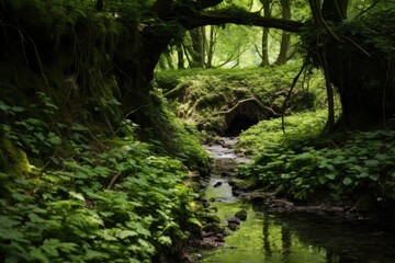 a forest stream lined with wild watercress