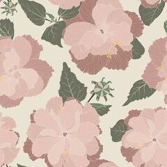 Pink hibiscus flower on baige background. Vintage seamless pattern. - 632241514