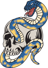 Hand drawn illustration of skull and snake vintage style