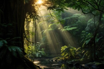 sunlight streaming through dense forest canopy