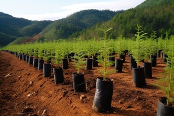 rows of newly planted trees in a reforestation project - obrazy, fototapety, plakaty