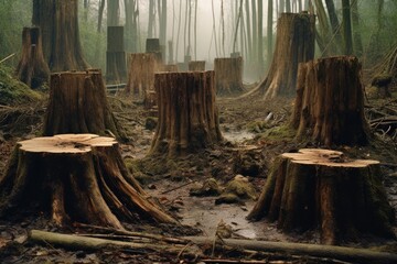 tree stumps in deforested area, sign of human impact