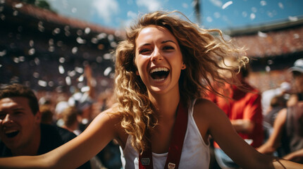 Woman celebrating at a Football game, Football Stadium, Sunny day. Ai Generated