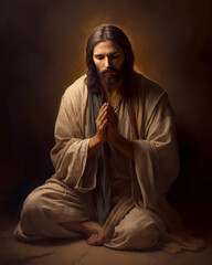 Reproduction Print Jesus Christ on His Knees Praying Shining Light Christianity Religious | Generative AI