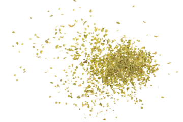 Close up pile, dried, chopped oregano leaves isolated on white, top view 