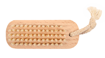 Nail scrubbing brush with wooden handle isolated on white, top view 