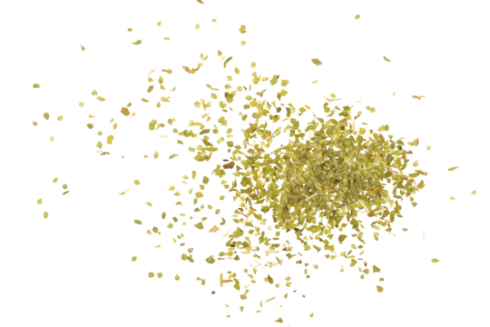 Close up pile, dried, chopped oregano leaves isolated on white, top view 