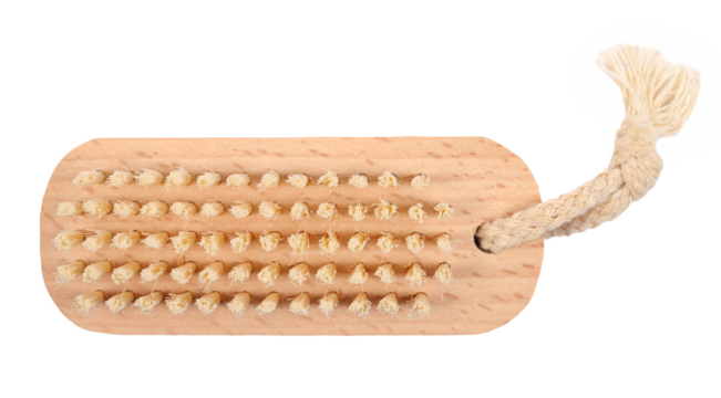 Nail scrubbing brush with wooden handle isolated on white, top view 