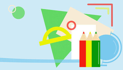 Back to school concept. Risograph illustration of school supplies.