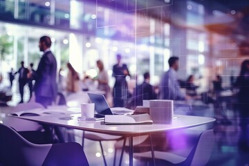 business people meeting at table. Abstract blurred office interior space background. purple colors. Business concept