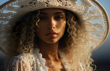 Closeup of young afro woman wearing a white lace dress while standing on the beach, blending her radiant beauty with the tranquil seaside setting.