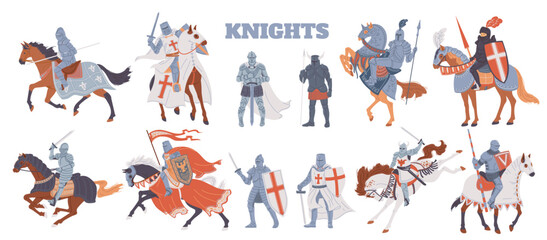 Set of medieval knights and soldiers on horses, cartoon flat vector illustration isolated on white background. - obrazy, fototapety, plakaty