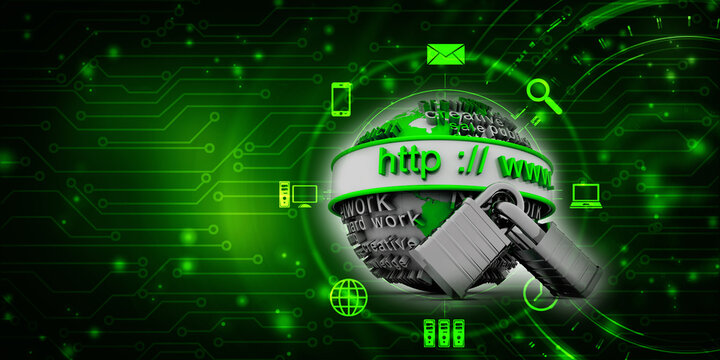 3d rendering https WWW sign on globe protected lock