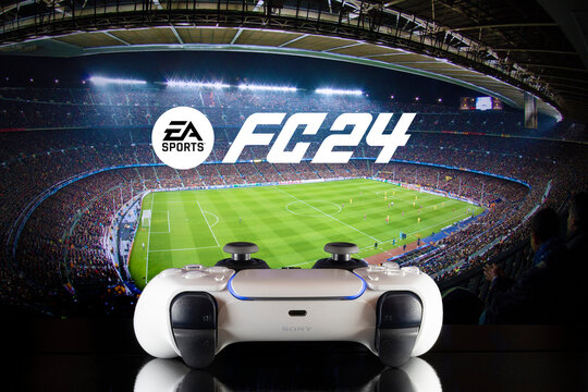 EA FC24 logo with Playstation 5 controller, 7 Aug, 2023, Sao Paulo, Brazil