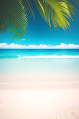 Tropical beach background with palm leaves and empty space. Generative AI